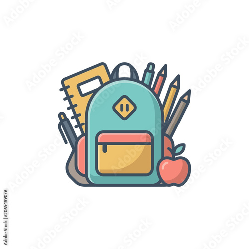 Backpack with school supplies and apple.