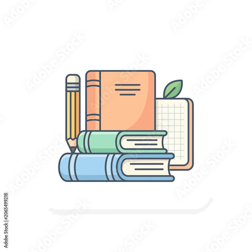 Stack of books with pencil and notebook.
