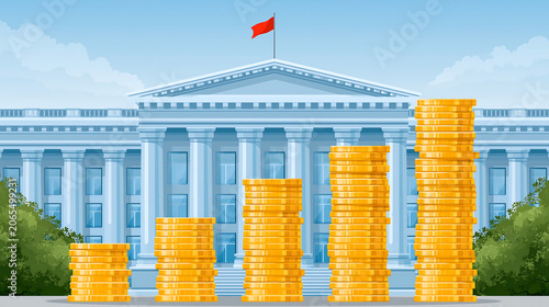 american capitol building with tall stacks of gold coins in foreground showing government finance economy budget national wealth and investment