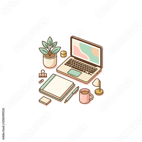 Laptop computer with office supplies.