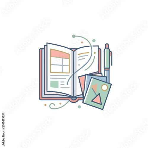 Open Book with Colorful Pages and Notes.