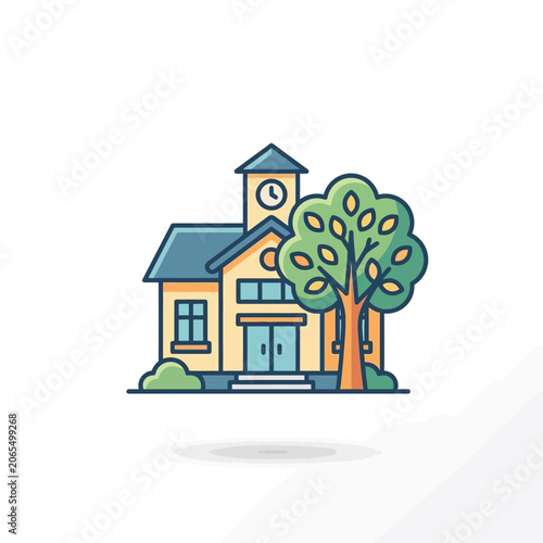 Colorful school building with clock tower.