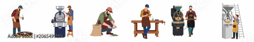 Foto Flat vector illustrations set of professional coffee roasters operating industri