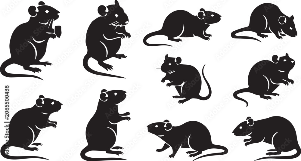 Fototapeta premium Rat and Mouse Silhouette Icons Set in Various Poses Vector Art