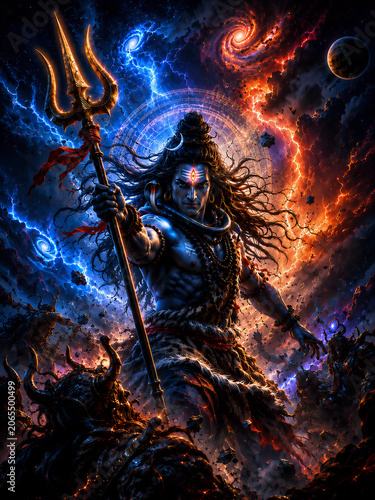 Lord Shiva Standing with Fire and Ice Cosmic 
Energy Swirl, Mahadev Powerful Destroyer 
Hindu God Epic Spiritual Art