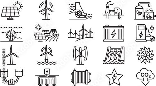 Tableau sur toile Renewable energy concept icons set clean power sources including solar wind hydro thermal and batteries for sustainable future electric transport