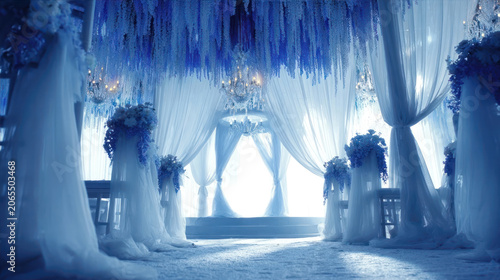 Wedding Ceremony Hall with Draped Fabric and Floral Arches