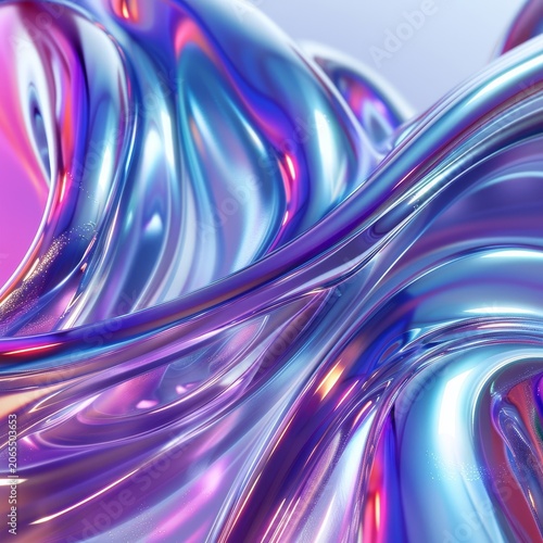 Abstract flowing liquid metal with iridescent purple and blue hues reflecting light and creating glossy textures