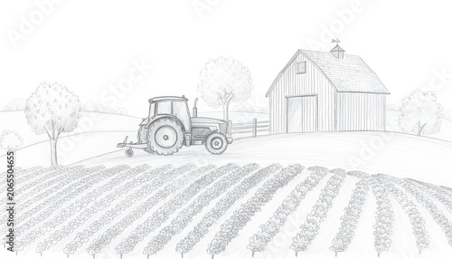 Traditional Farm Landscape Featuring Tractor, Barn, Trees, and Rows of Crops in a Stylized Black and White Drawing Representation of Agriculture