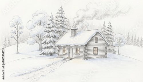 Cozy winter cabin surrounded by snow-covered trees with smoke rising from the chimney in a serene rural landscape