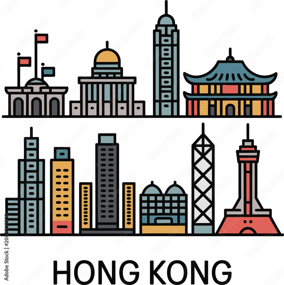 Fototapeta premium Hong kong skyline cityscape vector illustration flat design style art.