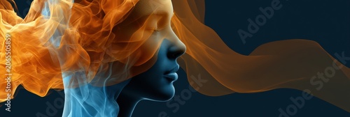 Concept art shows female figure with warm amber wave representing hot flash symptom in a dark space. Color contrast adds depth to the scene.