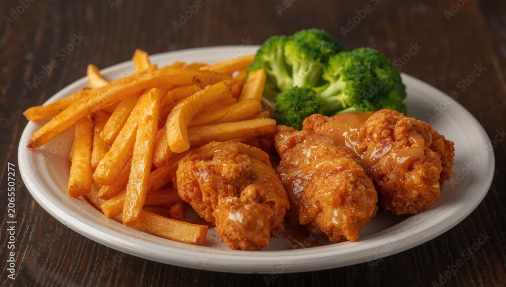 Fototapeta premium Fried chicken wings with French fries and broccoli on a plate