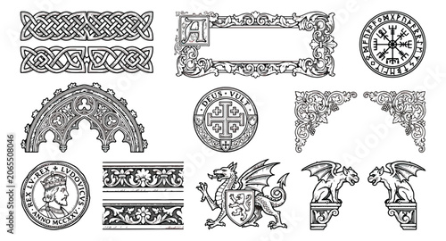 Photos Medieval gothic ornaments and heraldic symbols, vintage 12 vector elements set,