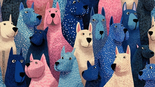 Seamless blue and pink dog pattern wallpaper design, featuring cute and playful puppy faces appearing in a repeating pattern, a cartoon animal wallpaper concept.