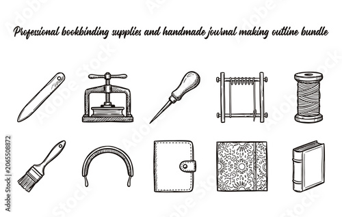 Schilderij op canvas Professional bookbinding supplies and handmade journal making outline bundle
