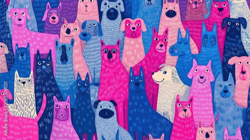 Seamless blue and pink dog pattern wallpaper design, featuring cute and playful puppy faces appearing in a repeating pattern, a cartoon animal wallpaper concept.