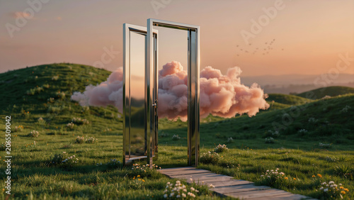 Surreal Open Mirror Door in Green Field with Pink Cloud Passing Through, Dreamlike Landscape at Sunset, Conceptual Portal to Alternative Reality, New Beginnings and Opportunity