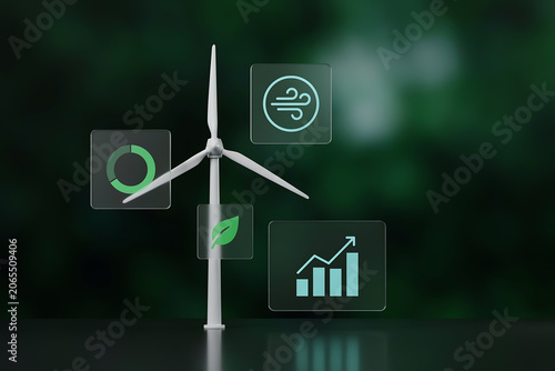 Wind Turbine Model with Digital Analytics Icons for Renewable Energy Growth, Sustainable ESG Invest Forecast Chart, Wind Power Efficiency and Eco Technology Development Concept