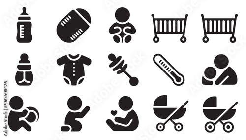 Photos Maternity and babyhood vector icons with nursing bottles strollers cribs and infant toys