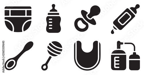 Obraz na płótnie Baby hygiene and feeding items with diaper bottle pacifier and medicine dispenser