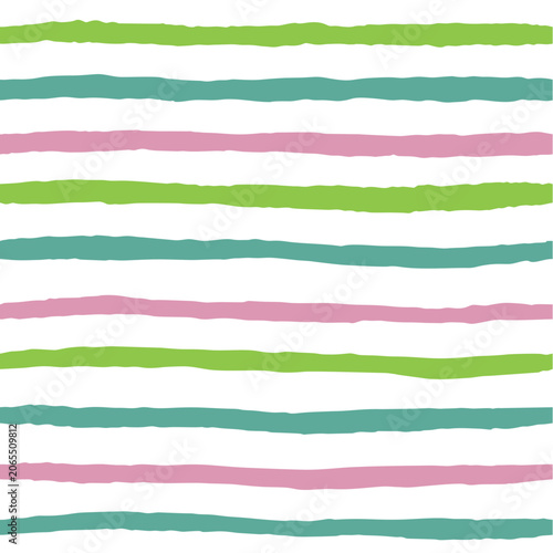 Seamless Hand-Drawn Horizontal Stripes vector Pattern with Irregular Brushstroke Lines in Pink, Green, and Teal on White Background for Textile and Wallpaper Design
