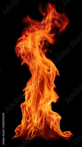 Fiery orange and red flames dance with intense heat on a black background