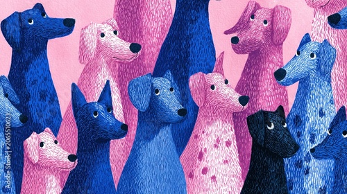 Seamless blue and pink dog pattern wallpaper design, featuring cute and playful puppy faces appearing in a repeating pattern, a cartoon animal wallpaper concept.
