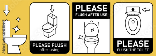 Flush the toilet signs. Set of bathroom etiquette icons. Black line pictograms of water closet, simple instructions of using. Vector illustration for caution designs, warning stickers.