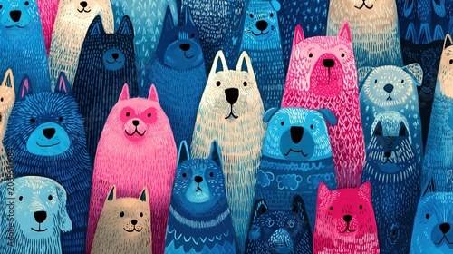 Seamless blue and pink dog pattern wallpaper design, featuring cute and playful puppy faces appearing in a repeating pattern, a cartoon animal wallpaper concept.
