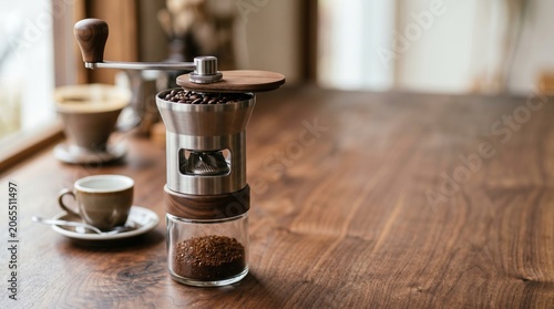 Freshly ground coffee with manual grinder