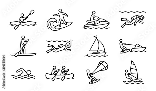 Schilderij op canvas Water sports stroke icon set with kayaking surfing jet ski and diving