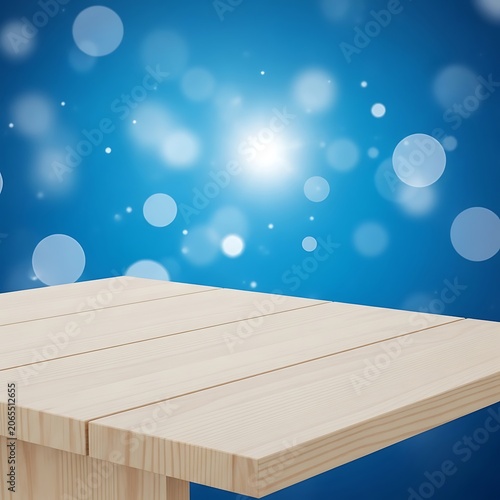 Empty Wooden Tabletop with Abstract Blue Bokeh Background.