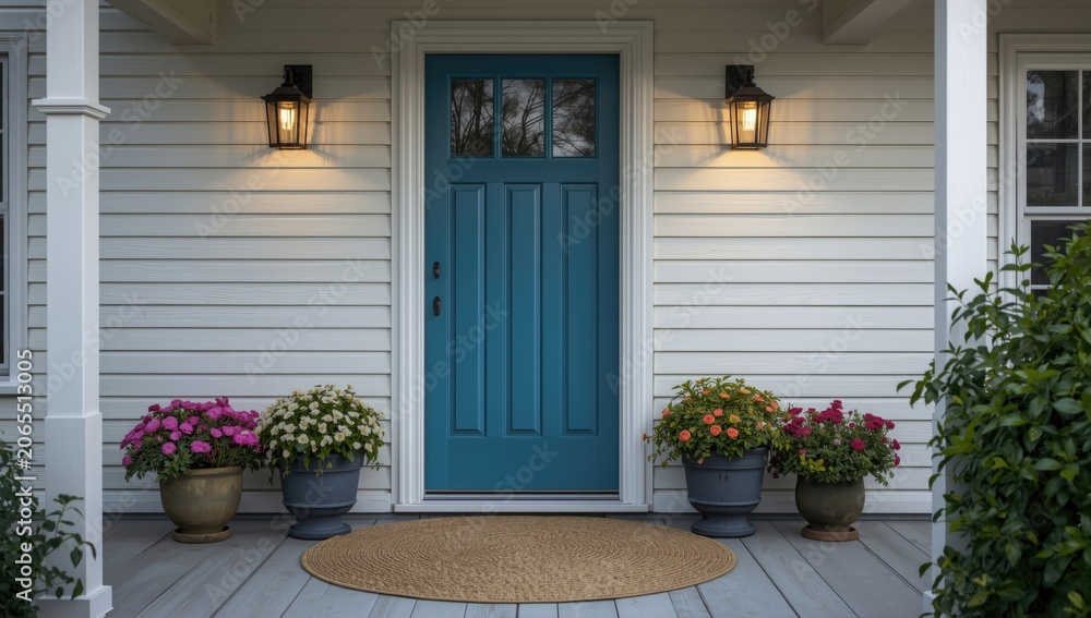 Fototapeta premium Natural fiber rug and coastal shiplap walls frame a vivid blue door with charming potted flowers and tasteful outdoor lighting