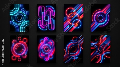 Collection of eight futuristic abstract poster designs featuring technology circuit patterns, geometric crystal prisms, and aesthetic neon waves in glowing blue, purple, and red colors.