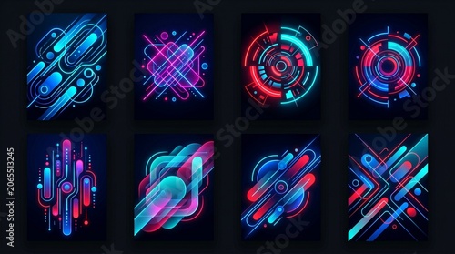 Collection of eight futuristic abstract poster designs featuring technology circuit patterns, geometric crystal prisms, and aesthetic neon waves in glowing blue, purple, and red colors.