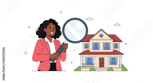 Businesswoman holds a large magnifying glass to inspect a suburban house model representing real estate research and inspection.