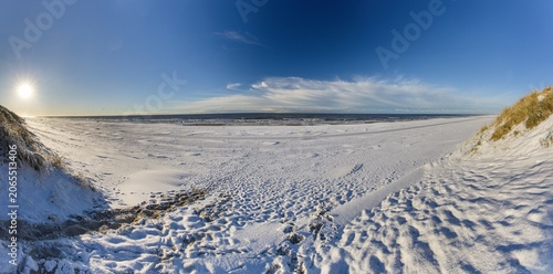 Panoramic winter beach landscape at Vejers Strand Denmark