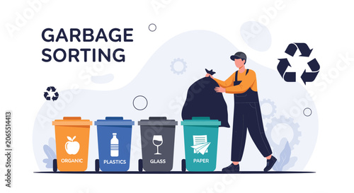 Service worker in overalls puts a trash bag into one of four sorted garbage bins for organic and plastic waste.
