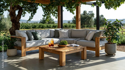 home garden terrace with teak wood outdoor sectional sofa grey cushions and coffee table representing modern patio furniture design and relaxation