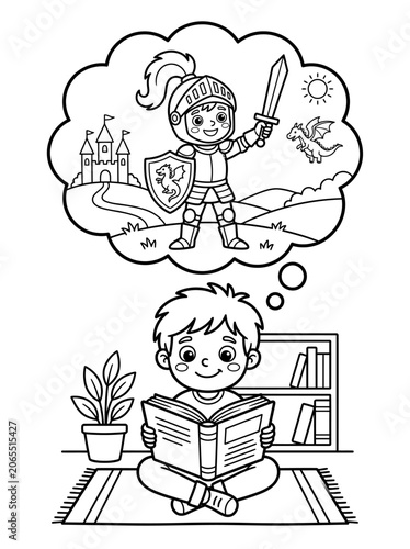 Boy reading a book and imagining himself as a brave knight line art with imagination, dreaming