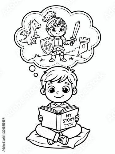 Child boy reading my story book and imagining a knight adventure with dragon and castle, imagination