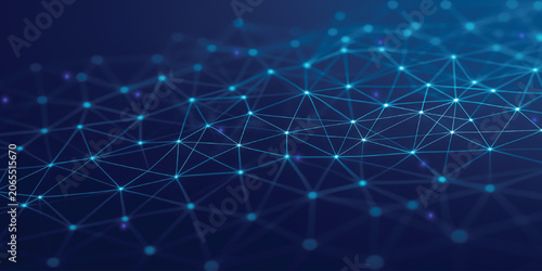 Foto Network connection concept with glowing blue nodes and interconnected lines representing global data digital technology art