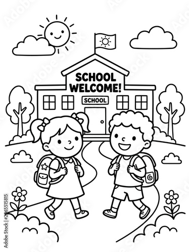Children walking to school coloring page illustration with children backpacks building education