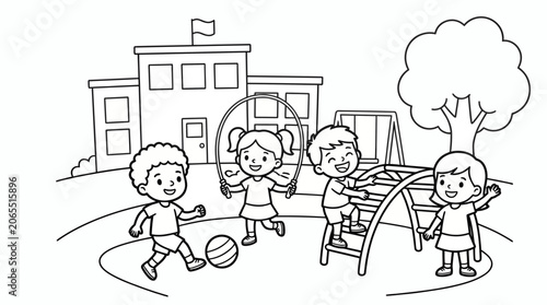 Cuadro en lienzo Children playing in school playground coloring page with children playground cli