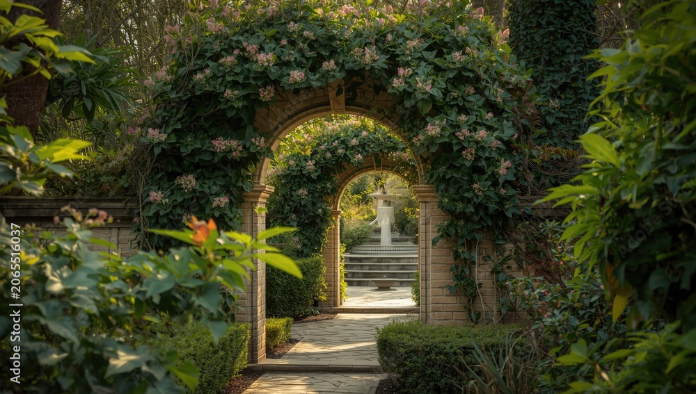 Obraz premium Tranquility filled garden path with elegant arched entrance wrapped in vibrant climbing plants and thick foliage