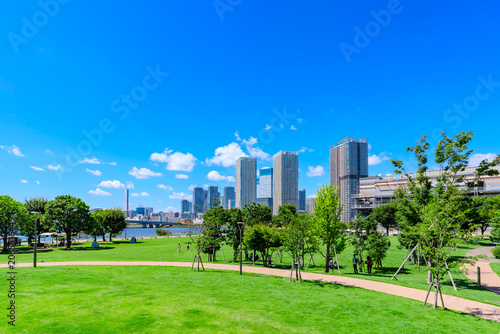 東京・豊洲の緑豊かな公園と高層住宅の街並み