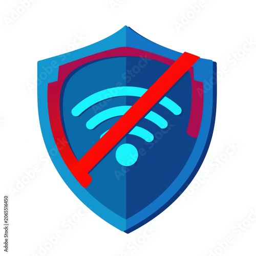 Digital shield icon representing secure connection with disabled Wi-Fi signal. Suitable for technology and cybersecurity themes. Vector illustration.