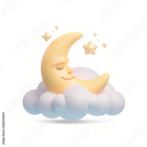 Cute cartoon moon character with smiling face and twinkling stars, resting on fluffy cloud, perfect for children's illustrations and bedtime themes