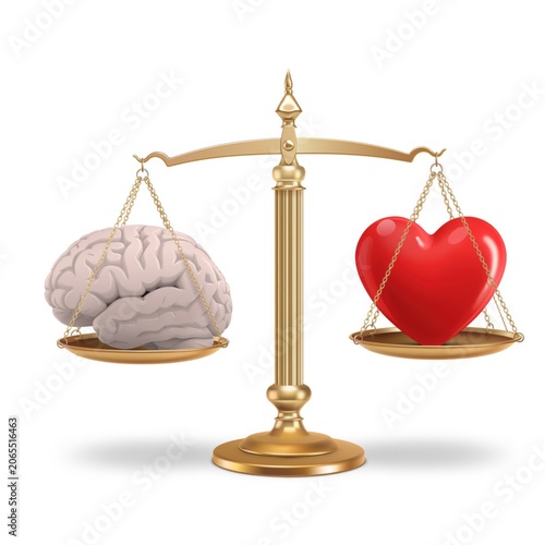 Balance Concept of Mind and Emotion with Brain and Heart Representing Rationality and Feelings in a Gold Scale Isolated on White Background